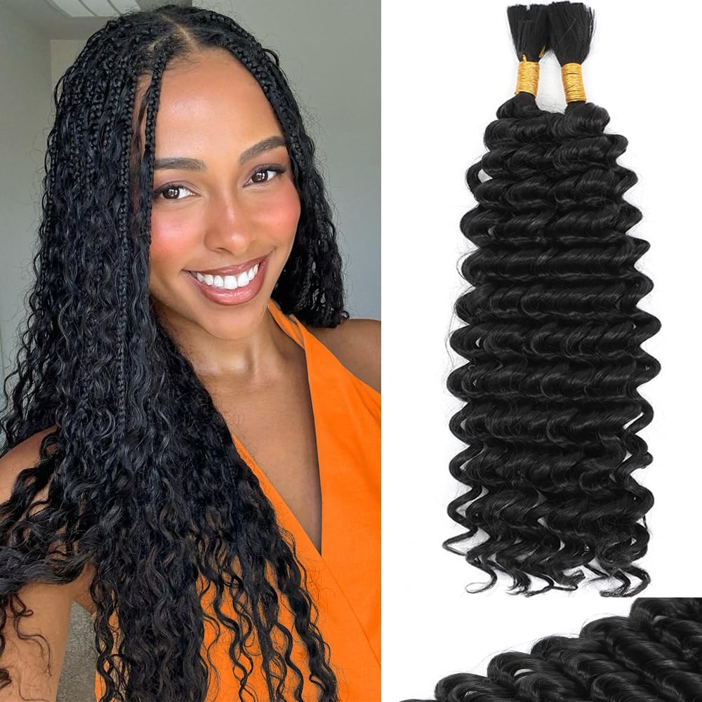 Human Braiding Hair Mix Synthetic Deep Wave Bulk Hair for Braiding, 18 Inch Wet