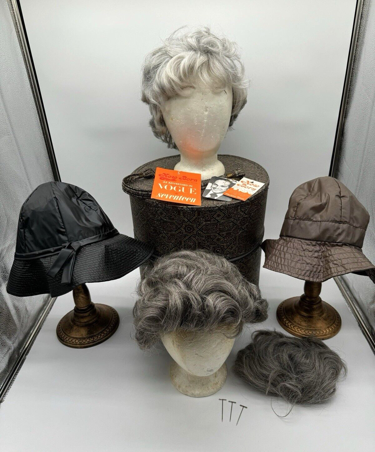 6PC Wig Hat LOT Naturelle Oscar De La Renta Dynel Eva Gabor Gray Hair Carry Case