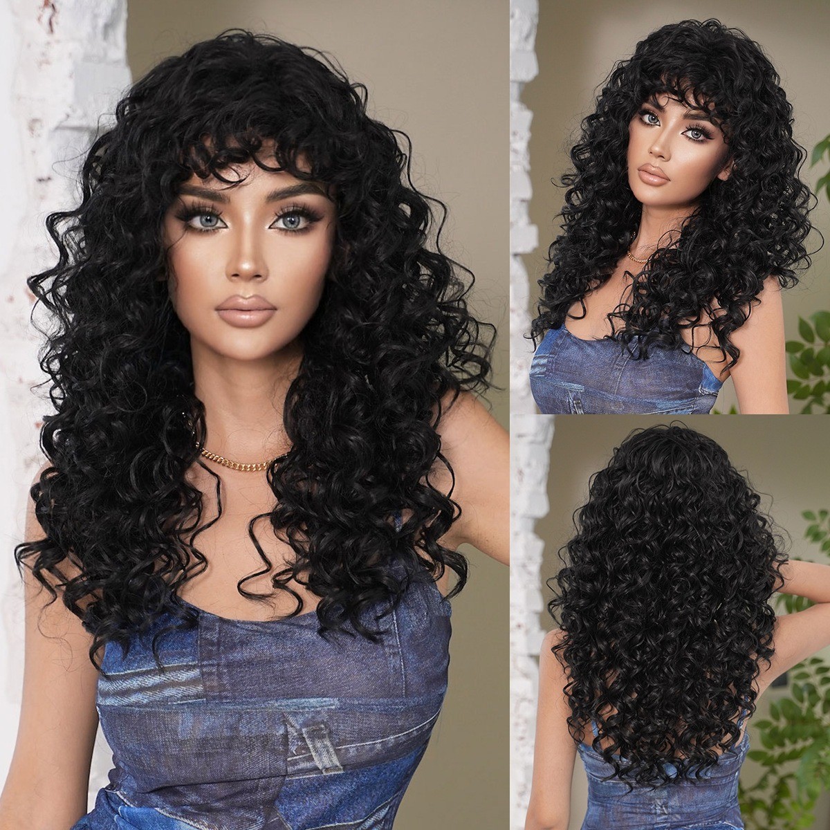 Brown Honey golden curly springy curly long hair with bangs synthetic fibers