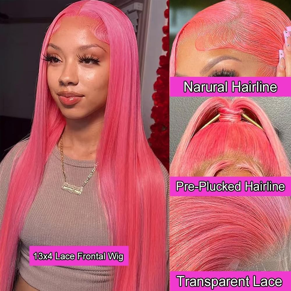 Guebb Straight Pink Hd Lace Front Wigs Human Hair 26 Inch Wear And Go Glueless