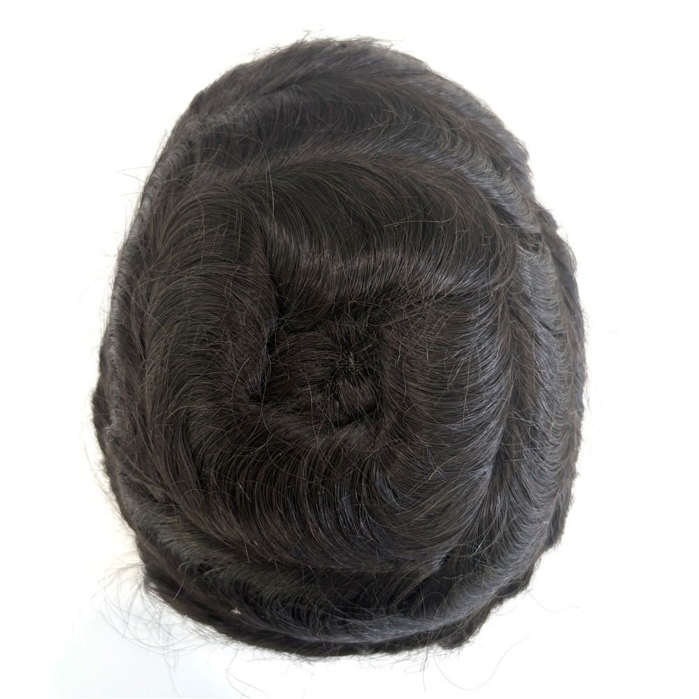 Mens Toupee Poly Skin Hybrid Remy Hair #1B Natural Black Breathable Hair System