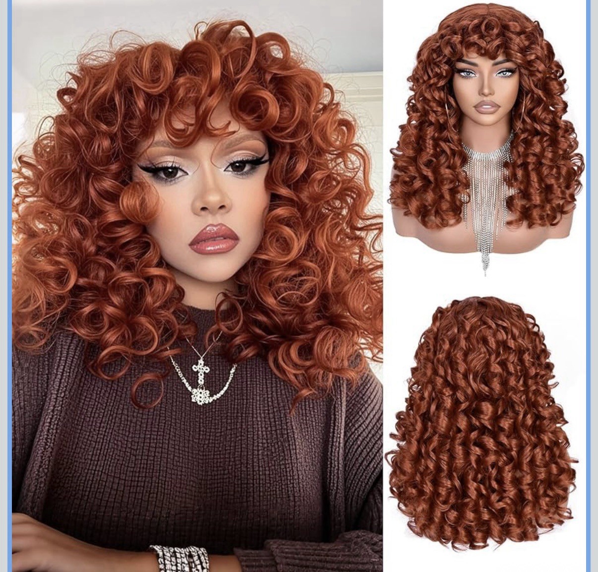 Copper Red Curly Synthetic Wig Medium Classic Cap Comb Attachment