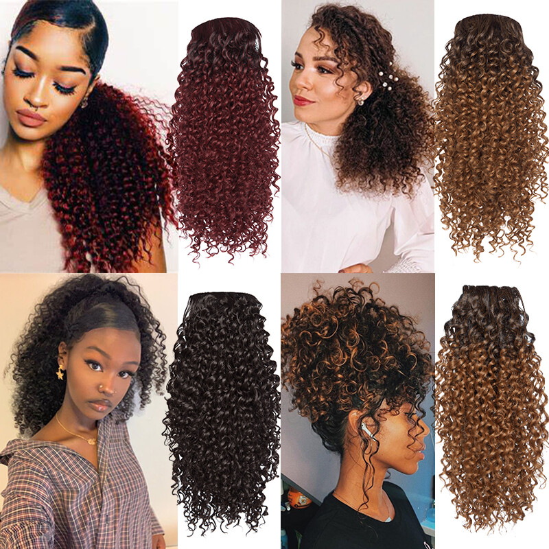 High Ponytail Puff Bun Clip In Drawstring Hair Extensions Water Wave Hairpiece