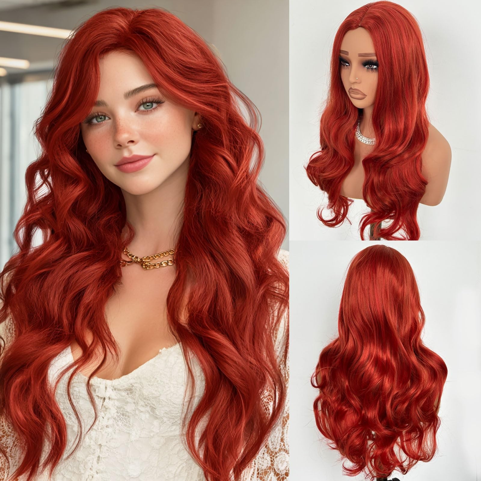Red Wigs for Women Long Curly Wavy Wigs Middle Part Synthetic Wig Womens Red …