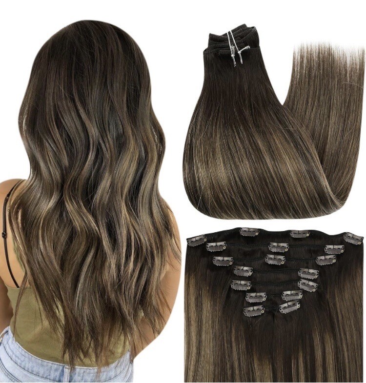 Full Shine Clip in Hair Extensions Human Hair 2/8/2 Brown Balayage Ombré 12 inch