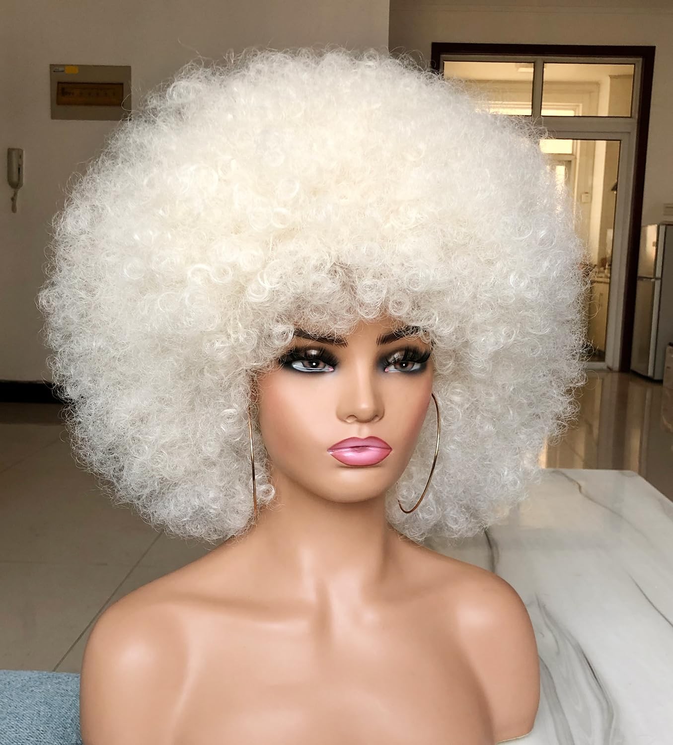 HIHOO Short Afro Kinky Curly Wig w/ Bangs for Black Women 70s Premium Quality