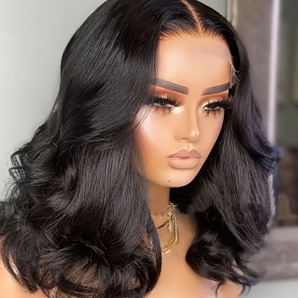 Short Black Body Wave Lace Front Wig 13×4 Free Part Glueless Pre Plucked Natural