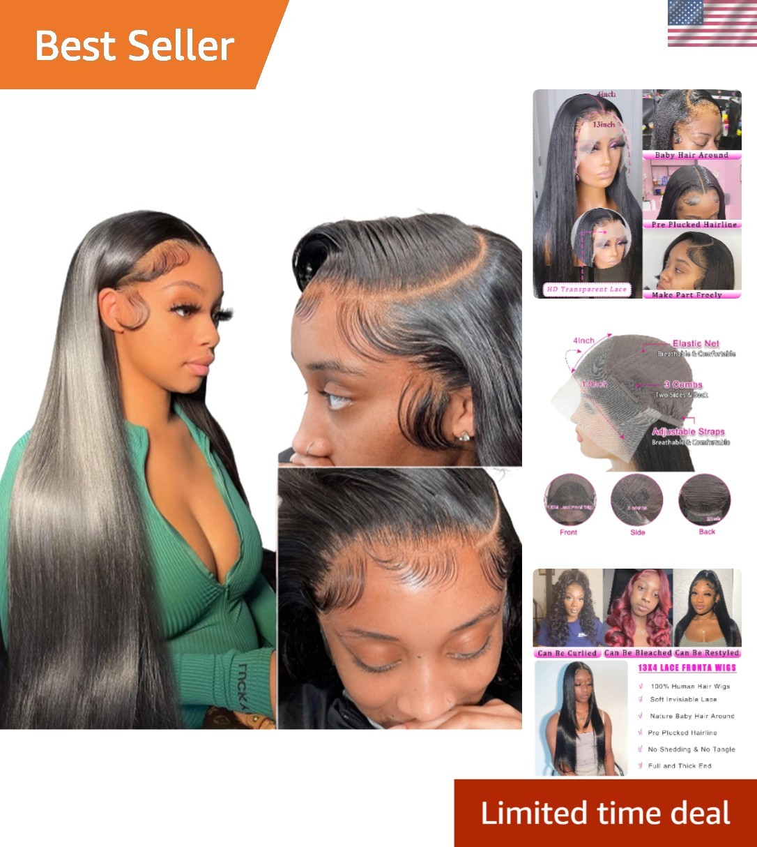 Glueless 180% Density Lace Front Wig – Natural Black Human Hair, 24 Inches