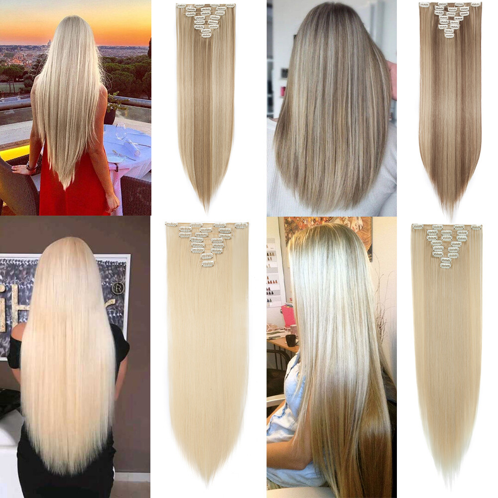 Clip In Hair Extensions Synthetic Hairpiece Balayage Ombre Full Head 8 PCS/set