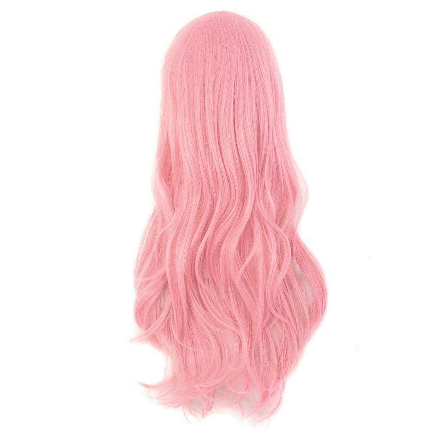 Cosplay-Ready 28 Inch Pink Curly Wig with Side Bangs – Synthetic & Modern Style