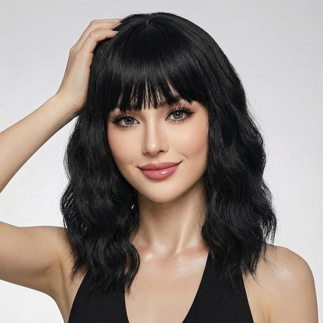 Pastel Brown Wavy Bob Wig Women, Short Shoulder Length Synthetic Wig with Bangs