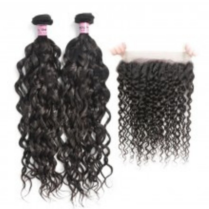 Ustar Natural Black Virgin Natural Wave Hair 2 Bundles with Frontal