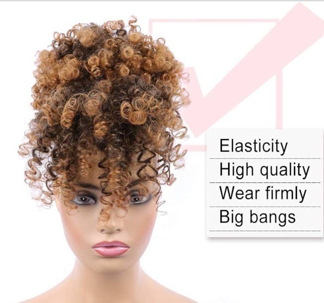 Afro Puff Ponytail W Bangs Wig Kinky Curly Hair Piece T30 Drawstring Black Women