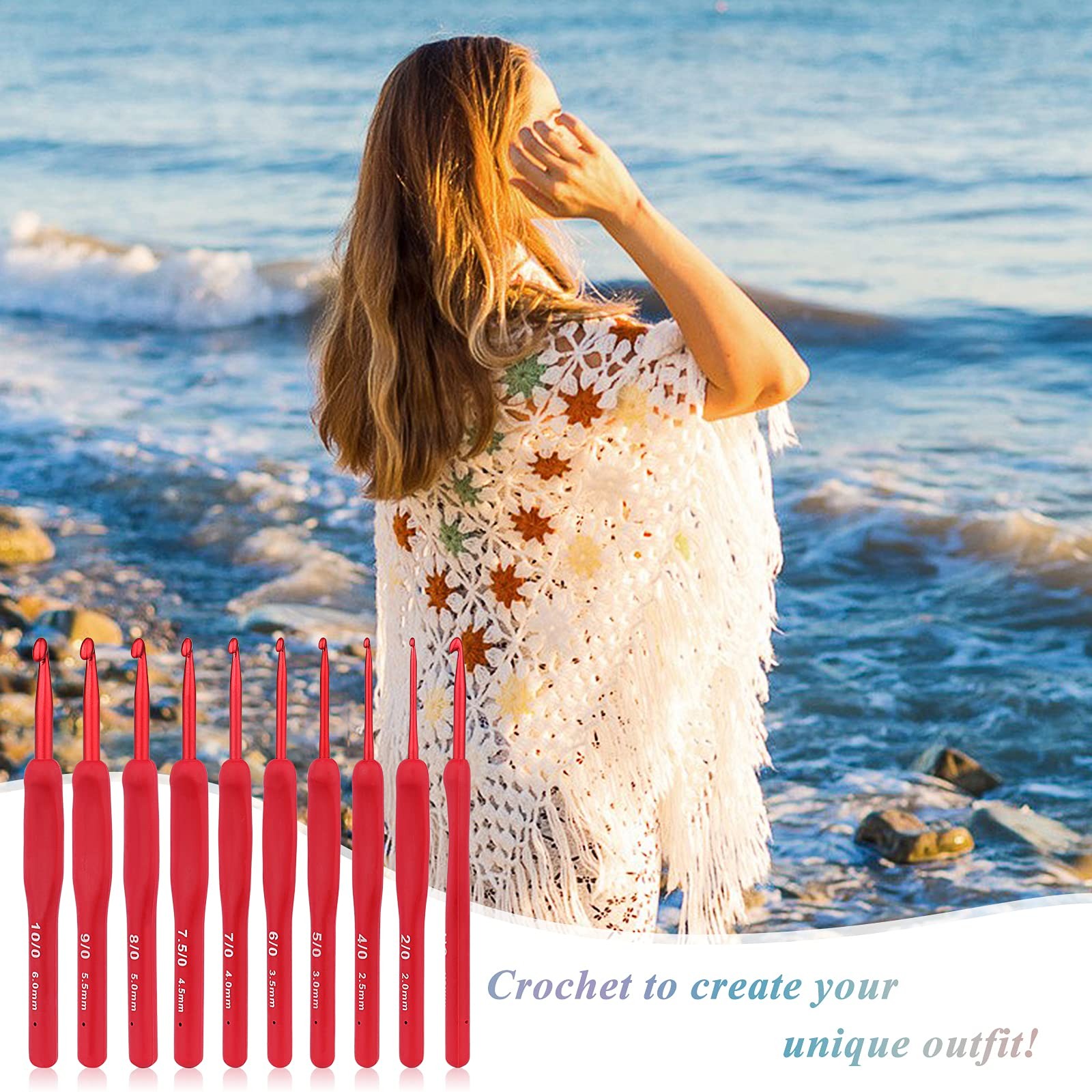 Coopay Red Crochet Hooks 2.0,2.5,3.0,3.5,4.0,4.5,5.0,5.5,6.0 millimeters,