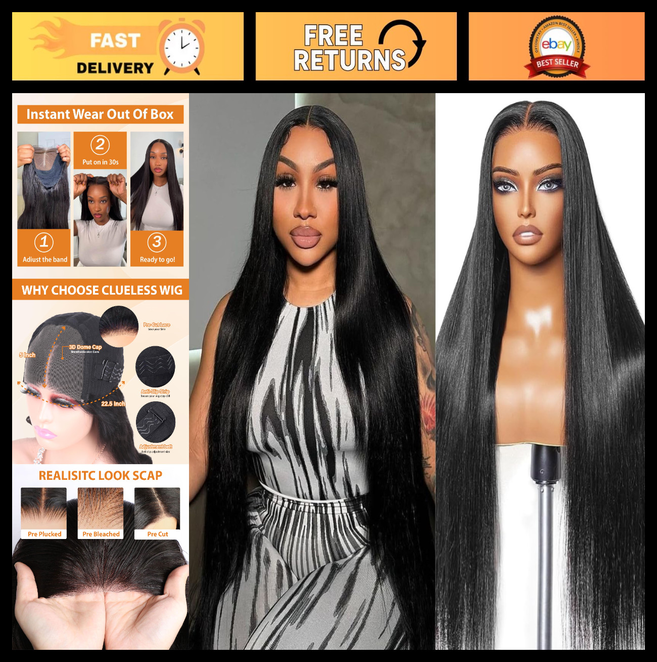 5×5 Glueless Lace Front Wig – 26 Inch Straight Human Hair, Pre-Plucked, 180% Den