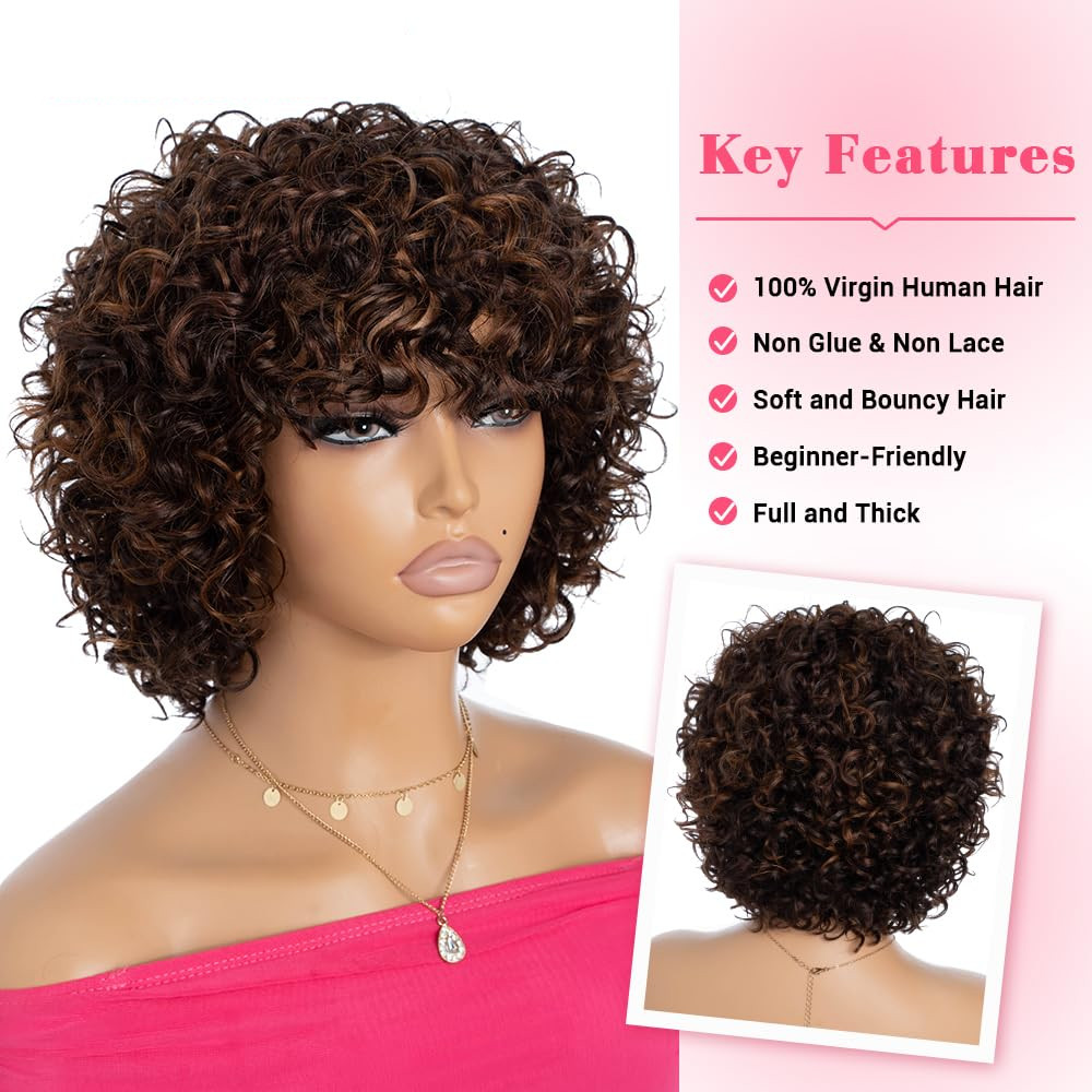 8″ Curly Wig with Bangs, 10A Brazilian Virgin Hair, Mixed Brown