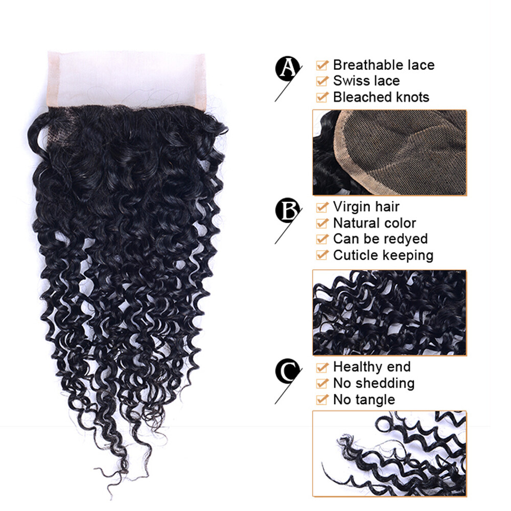 9A Remy 4×4 Lace Closure Curlly Human hair Free Part Natural Black 10″-22″