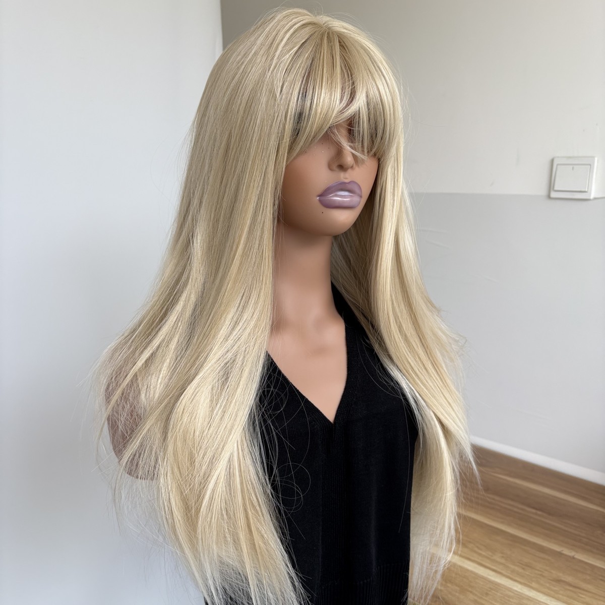 Heat Resistant Synthetic Hair Costume Wig With Bangs Long Straight Ash blonde