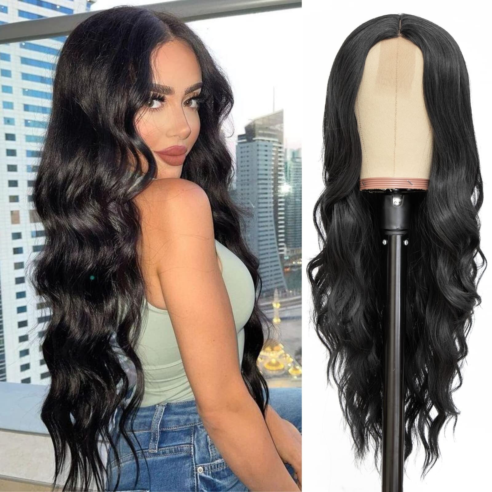 Black Wig with Bangs Long Wavy Wig for Women Synthetic Curly Natural Black Wigs
