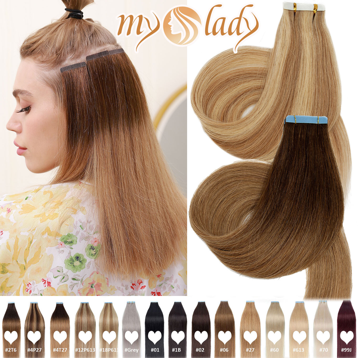 MY-LADY Ombre Thick 150G+ Tape In Remy Human Hair Extensions Full Head Skin Weft