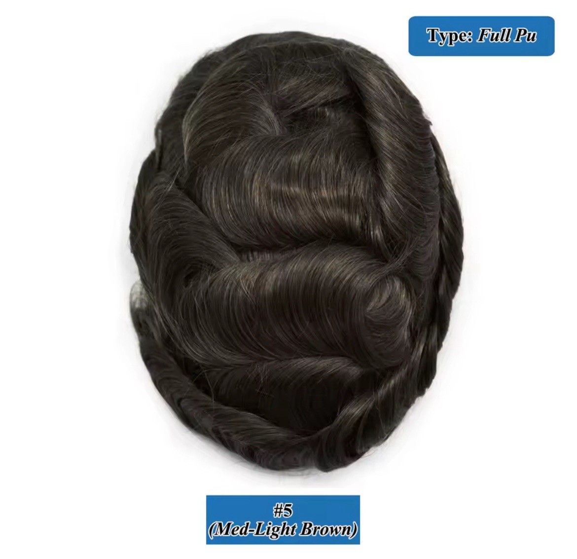 Men’s Human Hair Toupee Hairpiece Full PU Base V-Loop Wavy 8x10in