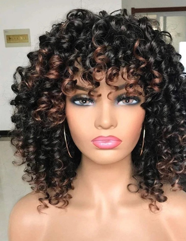 Afro Curly Wig with Bangs & Warm Brown Highlights Natural Synthetic Hair