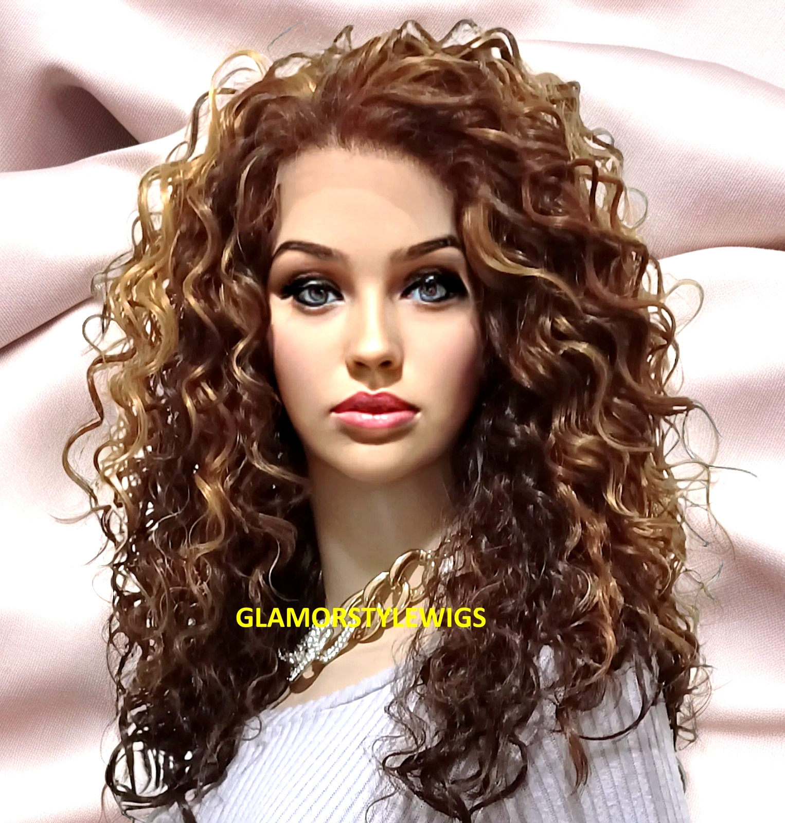27” LACE FRONT FULL WIG LAYERED CURLY BROWN AUBURN BLONDE MIX HEAT OK NWT