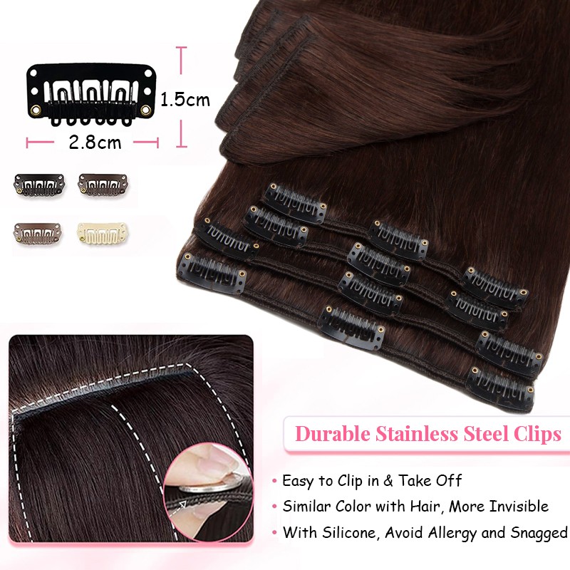 Clip In 100% Human Real Remy Hair Extensions 8PCS Full Head Straight Dark Brown