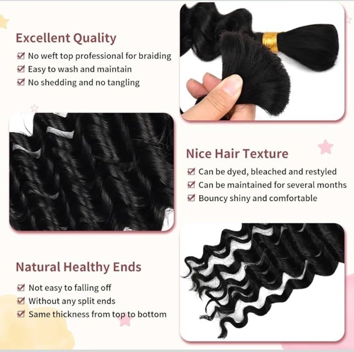 2 Bundles 20” Deep Wave Human Braiding Hair 100g 10A Brazilian Virgin Wet & Wavy