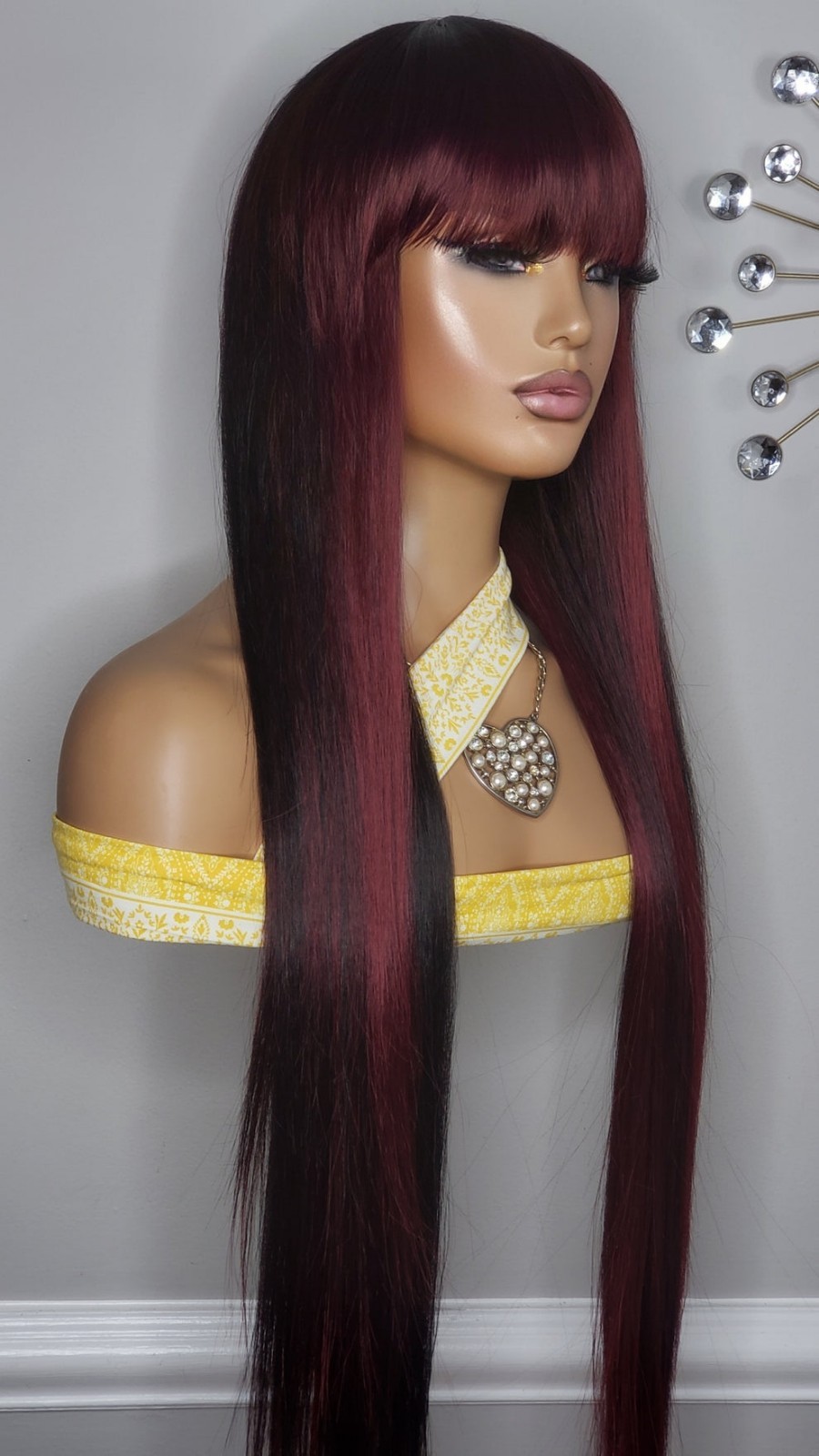 New Extra Long Straight Bang Style Burgundy Black 99J Red Wine Hair Full Cap Wig