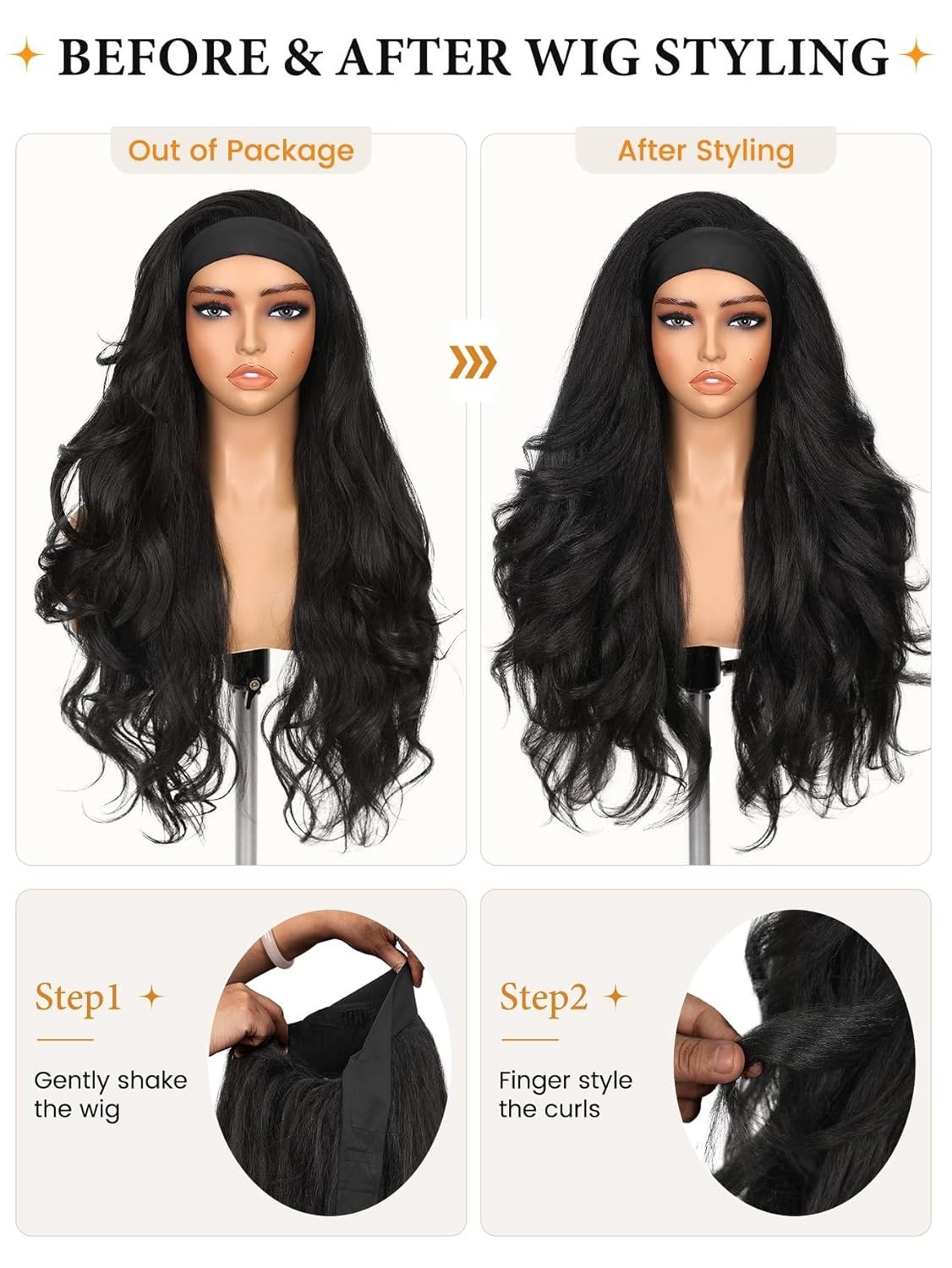 Yaki Wavy Headband Wig for Black Women Layered Filp 26in (Flower Headband) #1B