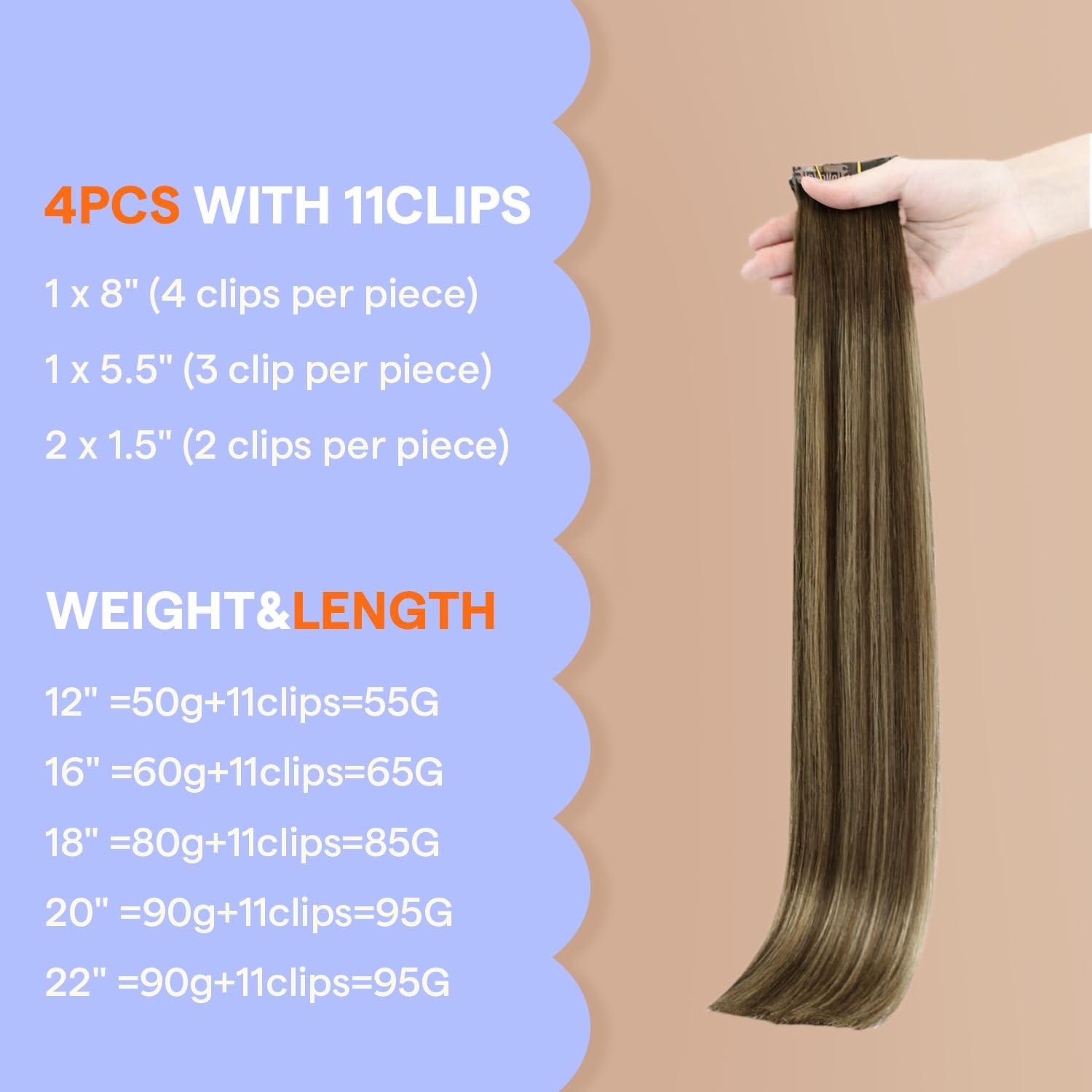 Hair Fill-ins Clip in, Balayage Brown Blonde 12 Inch 55g 4 Pcs