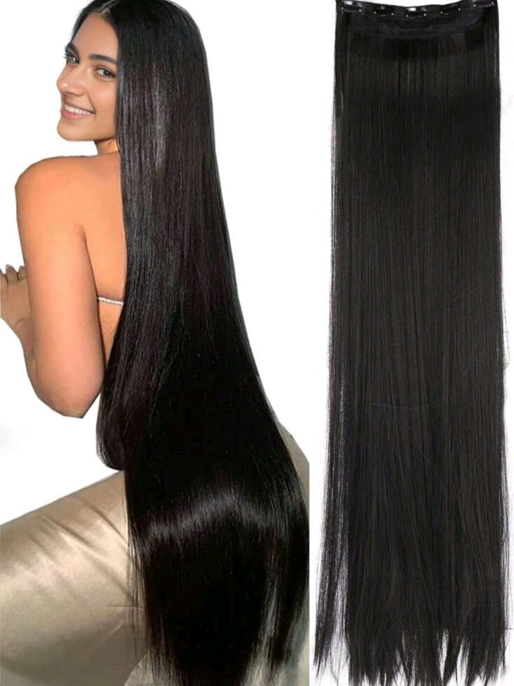 Black extra long hair straight 5 clip hair extensions for ladies