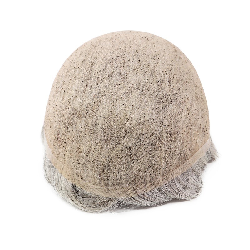 Mens Toupee French Lace Human Hair System Medium Density Grey Hair Pieces #1B80