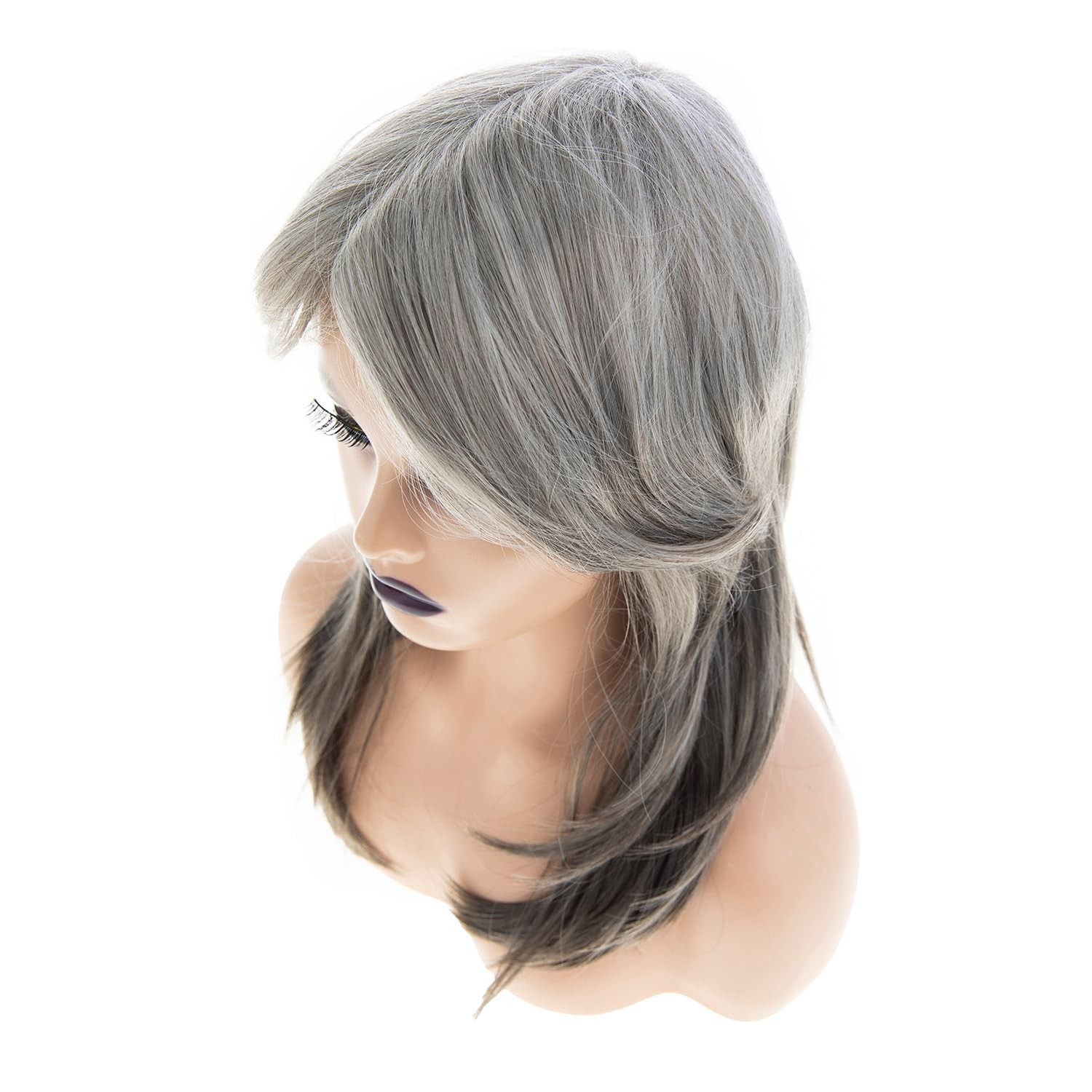 Womens Long Straight Grey Layered Synthetic Hair Wigs with Bangs