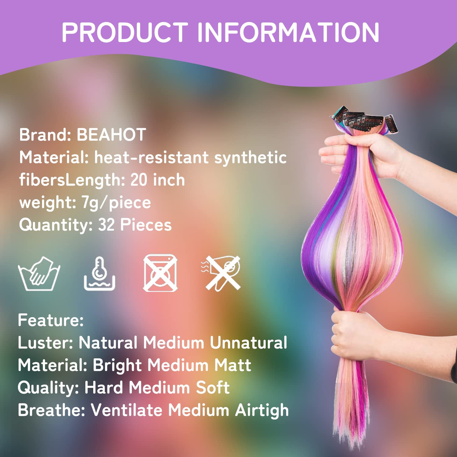 32 PCS Clip in Colored Hair Extensions for Kids, 20 Inches Rainbow Long Straight