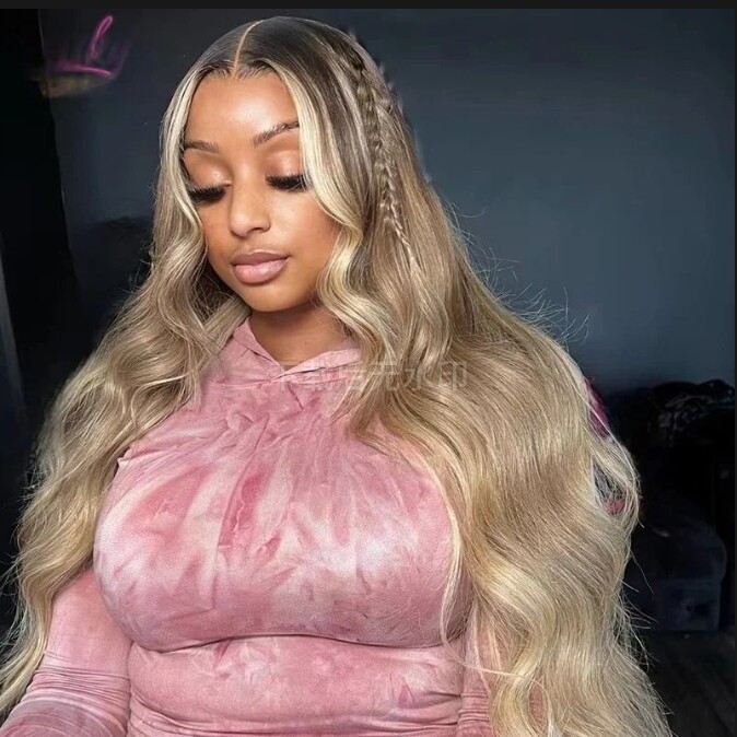 Brown Highlight Ash Blonde Body Wave Lace Frontal Wig Pre Plucked Human Hair Wig