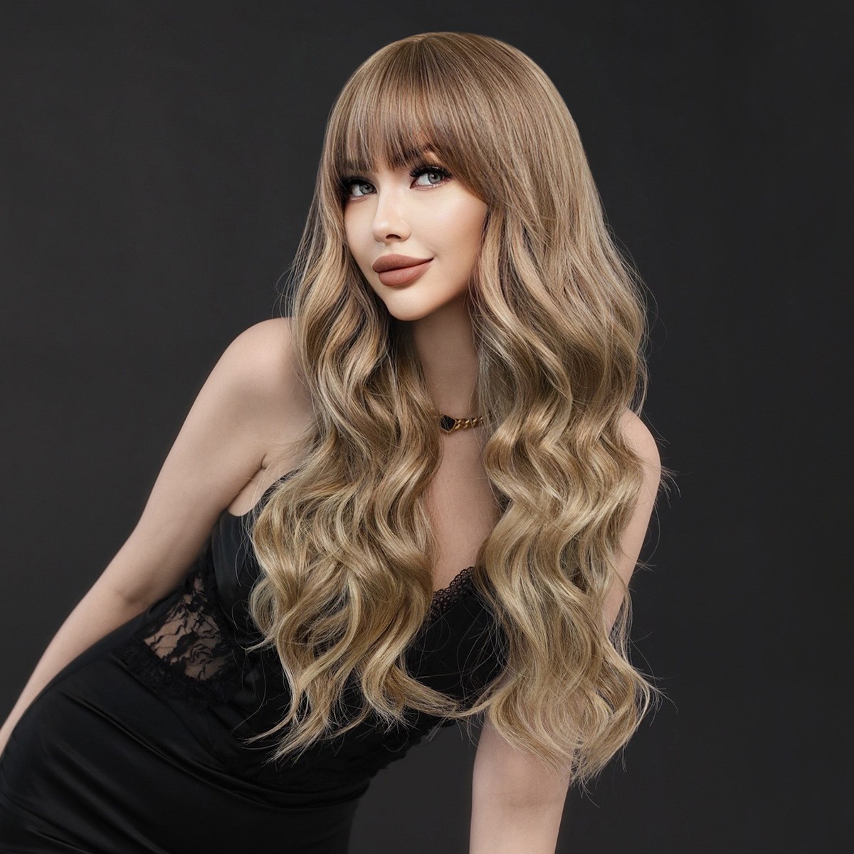 Synthetic Light Brown Long Wavy Wig with Bangs Natural Full Head Hairpiece for