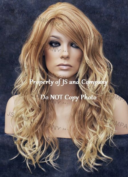 Human Hair Blend Full Wig Heat Ok Long wavy Blonde mix WBGA T27-613