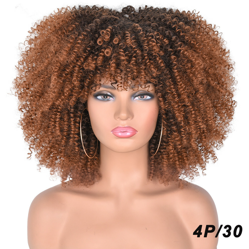 Curly Wigs for Black Women Afro Wig with Bangs Ombre Brown Wig Short Curly Afro
