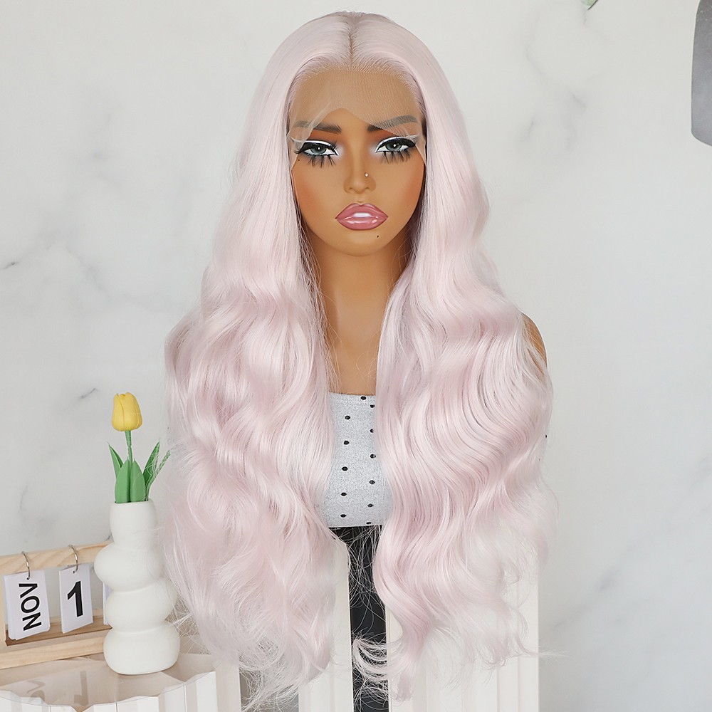 Light Pink Color Body Wave Long Glueless Lace Frontal Wigs Pre Plucked Hairline