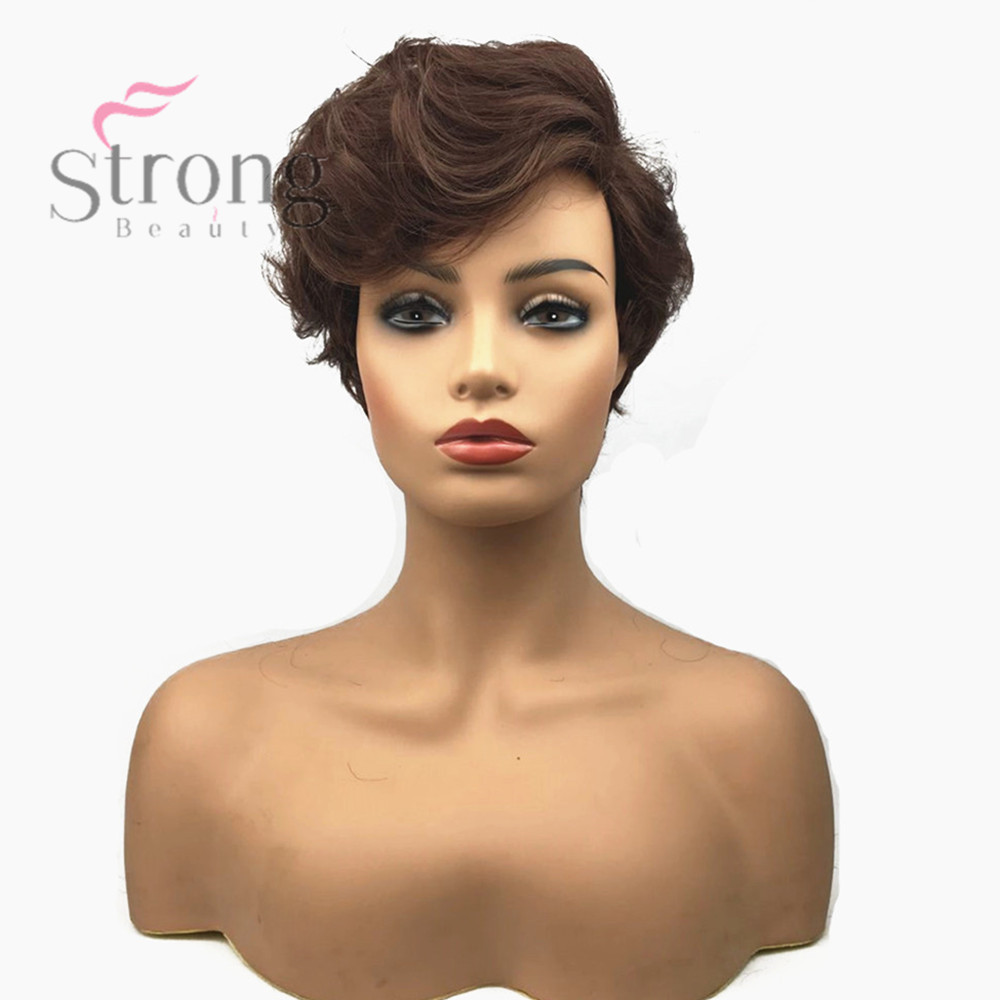 Synthetic Capless Brown Pixie Cut Hair Asymmetrical Side Bang Short Curly Wig