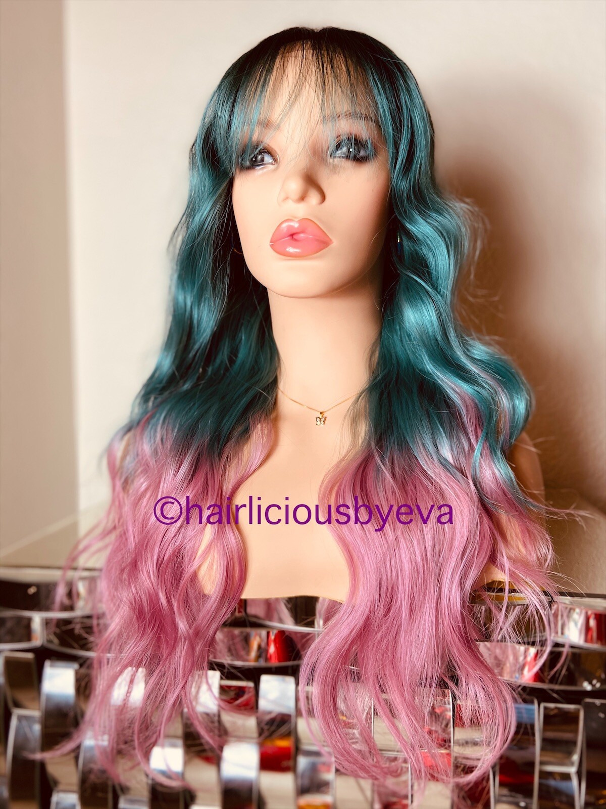 Pastel Rainbow Wig Ombré Green Pink Dark Roots Lace Front 24” Long Wavy Layere