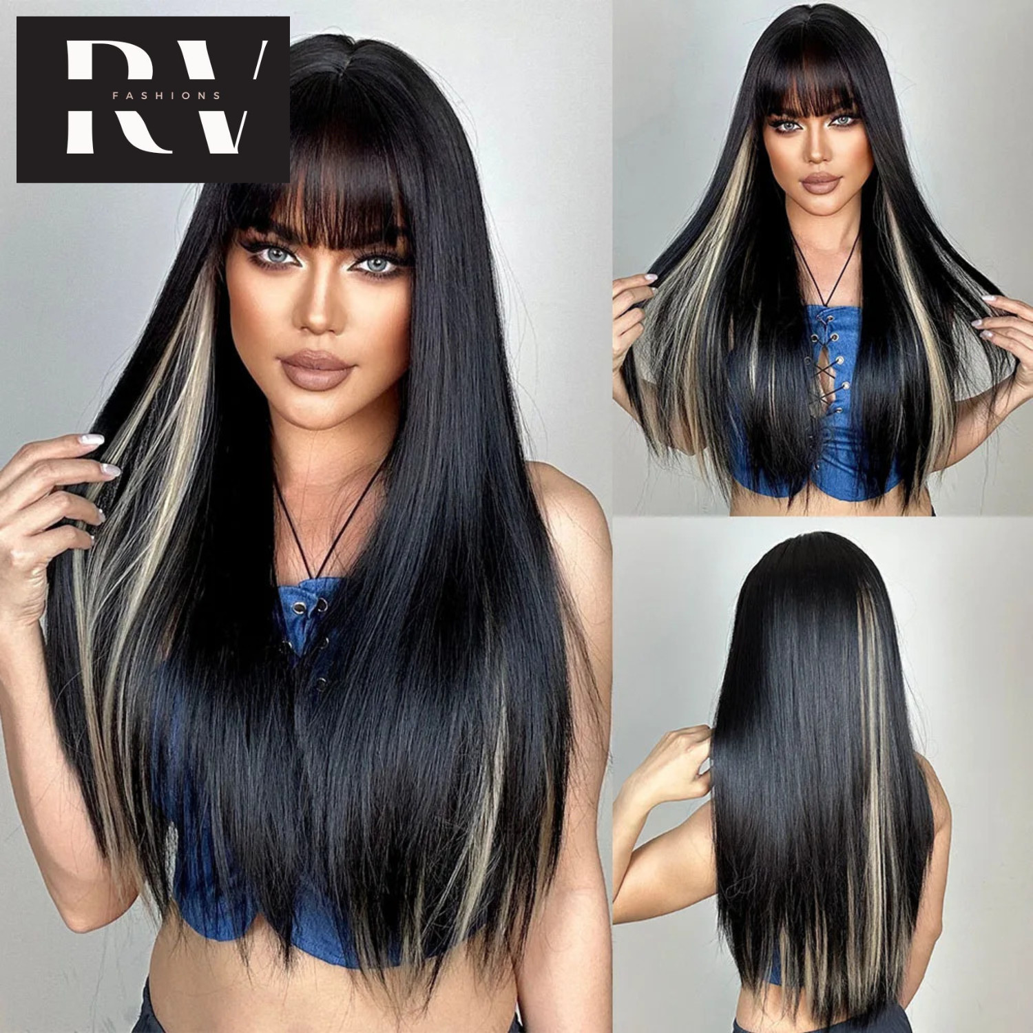 Black Blonde Highlight Long Straight Synthetic Wigs with Bangs Natural Hair New