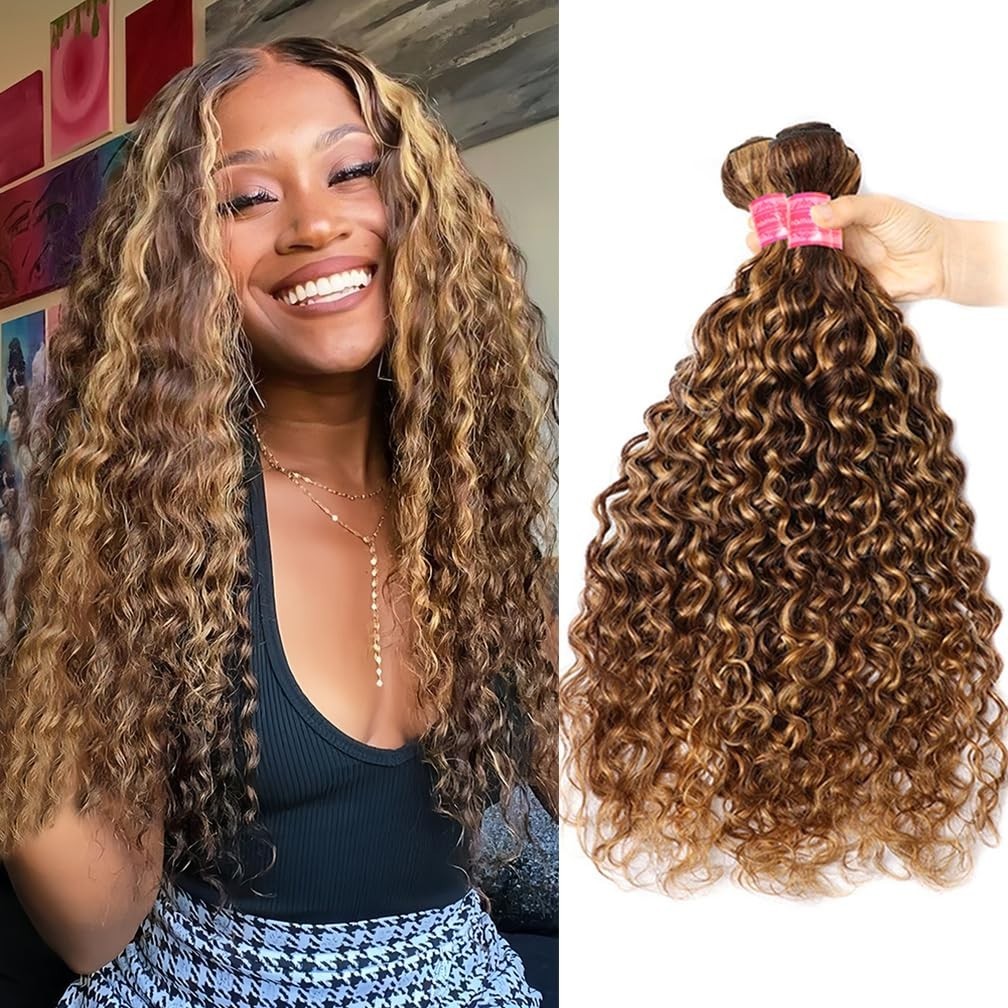 Brazilian Virgin Hair Water Wave Bundles 4/27 Honey Blonde Ombre 16-20″
