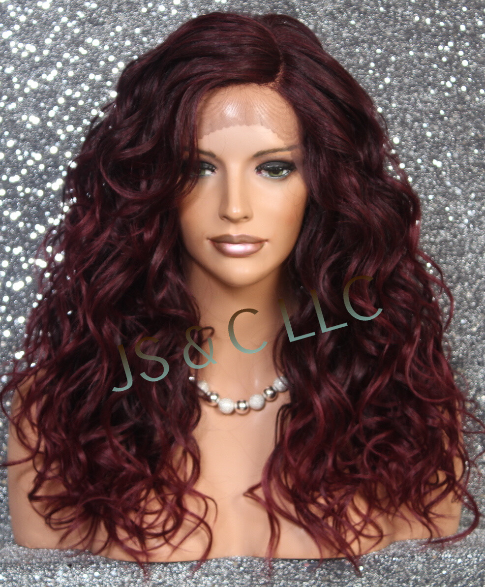 Human Hair Blend Long HEAT OK Full Lace Front Wig Burgundy mix wavy WEYC 1B-burg