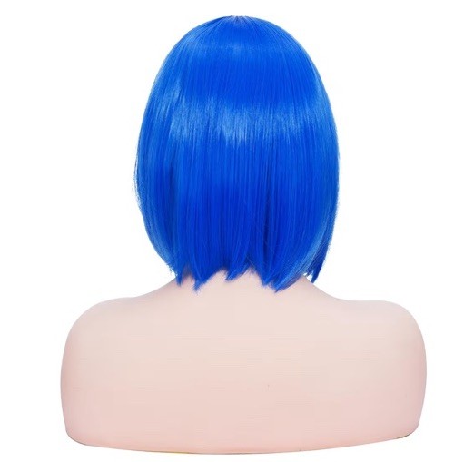 Rose bud Blue Bob Wig with Fringe 12 Inch Short Straight Costume Wigs for Women