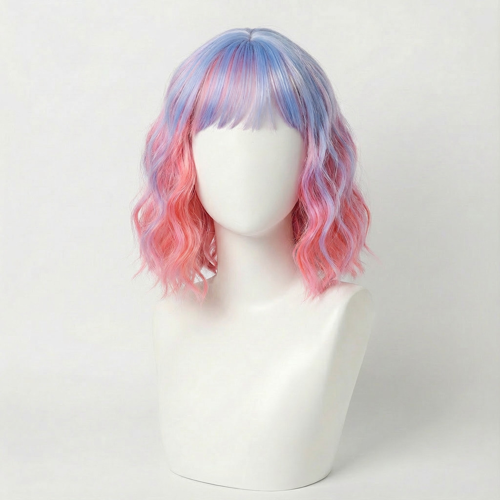 Pastel Rainbow Bodywave Wig with Bangs, 14 Inch Costume Cosplay Wig