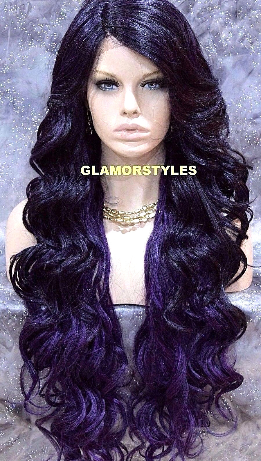 LACE FRONT FULL WIG EXTRA LONG LAYERED WAVY BLACK PURPLE MIX HEAT OK NWT
