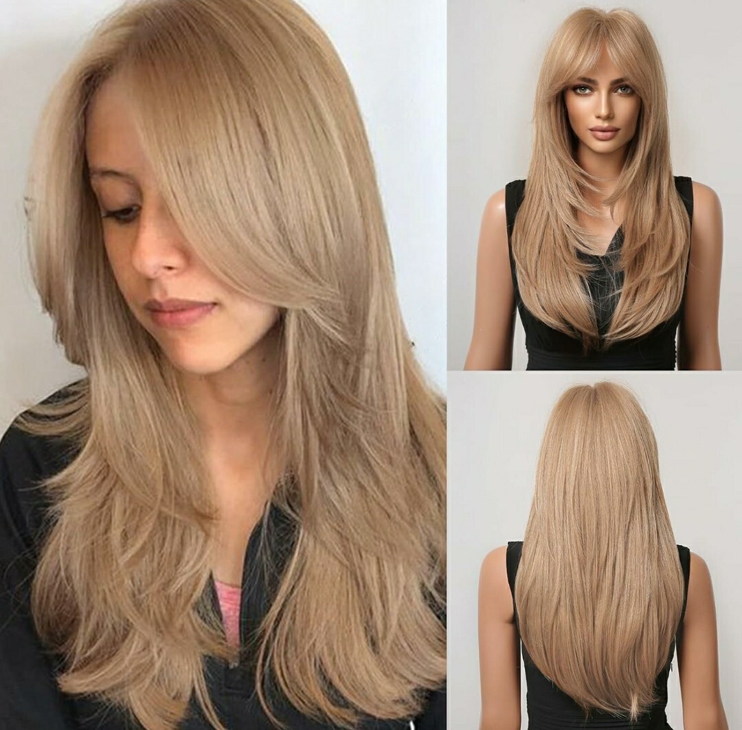 Long Strawberry Blonde Auburn Red Full Wig Human Hair blend layers bangs